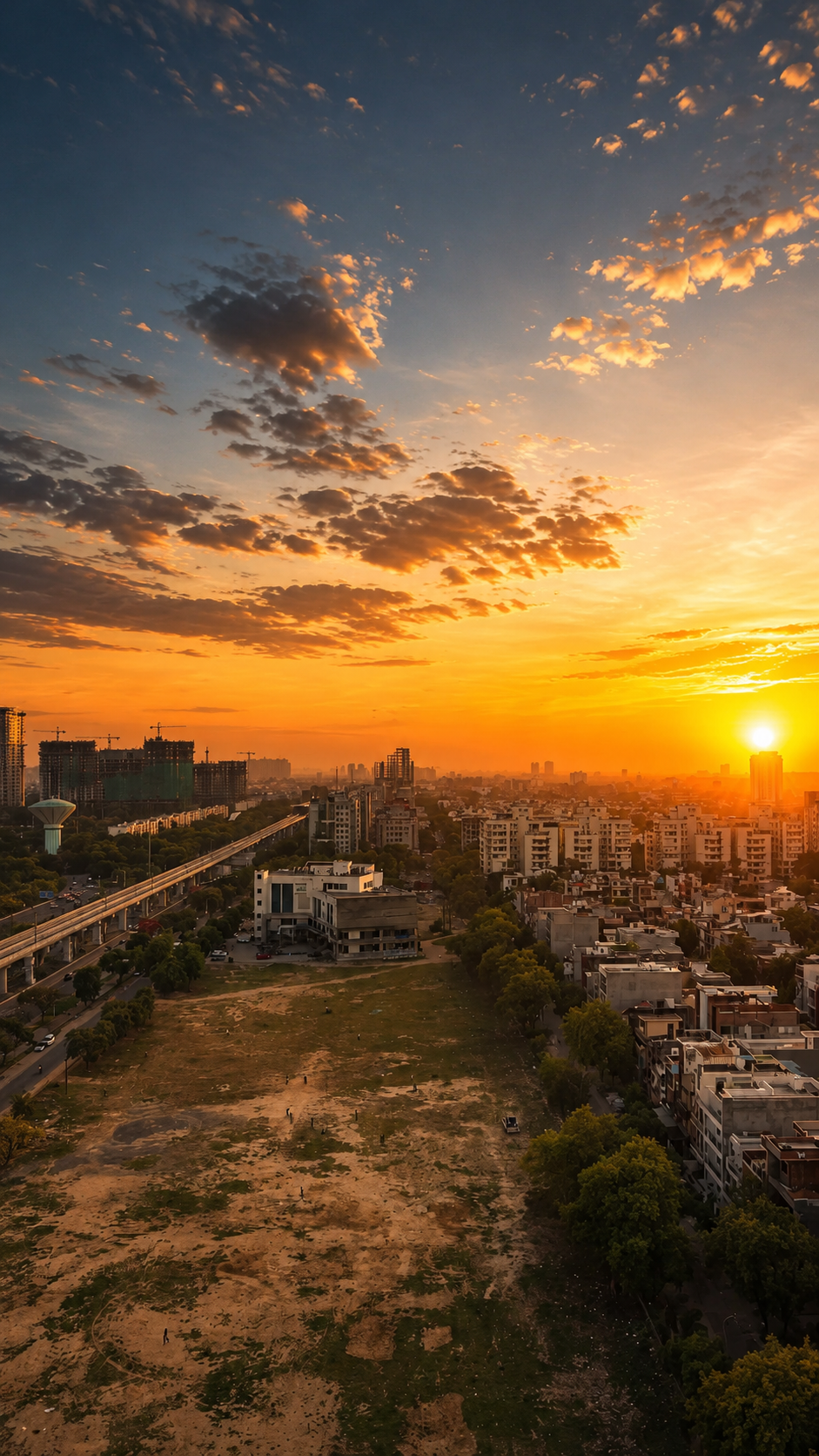 Golden hour panoramic view — city, metro & skyline